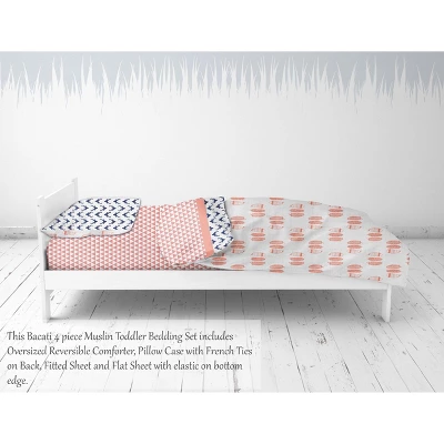 Bacati - Olivia Coral/Navy Buck/Feathers/Triangles Muslin 4 Pc Toddler Bedding Set 5 Bacati - Olivia Coral/Navy Buck/Feathers/Triangles Muslin 4 Pc Toddler Bedding Set - Image 5