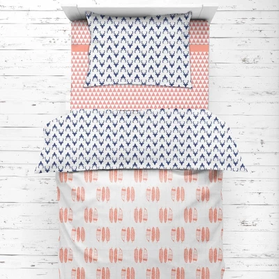 Bacati - Olivia Coral/Navy Buck/Feathers/Triangles Muslin 4 Pc Toddler Bedding Set 3 Bacati - Olivia Coral/Navy Buck/Feathers/Triangles Muslin 4 Pc Toddler Bedding Set - Image 3