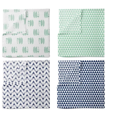 Bacati - Noah Mint/Navy Buck/Feathers/Triangles Muslin Swaddling Blankets Set Of 4 1 Bacati - Noah Mint/Navy Buck/Feathers/Triangles Muslin Swaddling Blankets Set Of 4