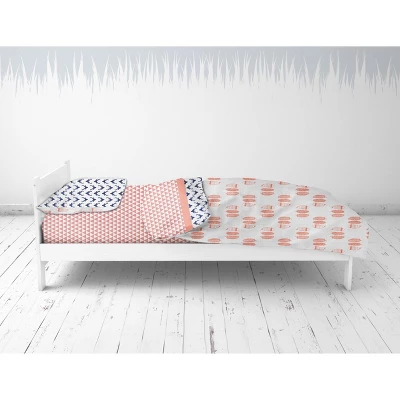 Bacati - Olivia Coral/Navy Buck/Feathers/Triangles Muslin 4 Pc Toddler Bedding Set 4 Bacati - Olivia Coral/Navy Buck/Feathers/Triangles Muslin 4 Pc Toddler Bedding Set - Image 4