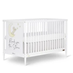 Dream On Me Moon Bear Reaching For The Stars 4 In 1 Modern Island Convertible Crib With Rounded Spindles Mural On One End Panel, White Finish