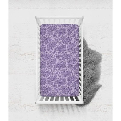 Bacati - Floral Scroll Printed Purple 100 Percent Cotton Universal Baby US Standard Crib Or Toddler Bed Fitted Sheet 3 Bacati - Floral Scroll Printed Purple 100 Percent Cotton Universal Baby US Standard Crib Or Toddler Bed Fitted Sheet - Image 3