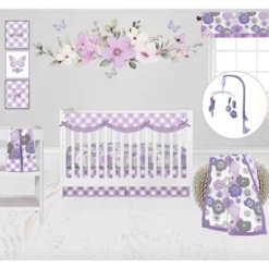 Bacati - Watercolor Floral Purple Gray 10 Pc Girls Crib Bedding Set With Long Rail Guard Cover
