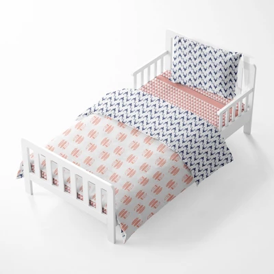 Bacati - Olivia Coral/Navy Buck/Feathers/Triangles Muslin 4 Pc Toddler Bedding Set 1 Bacati - Olivia Coral/Navy Buck/Feathers/Triangles Muslin 4 Pc Toddler Bedding Set
