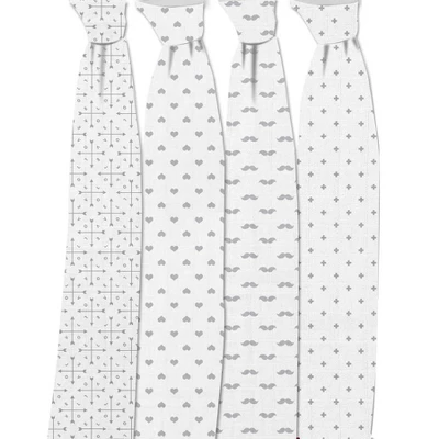 Bacati - LOVE Muslin Swaddling Blankets Set Of 4, Gray/White 2 Bacati - LOVE Muslin Swaddling Blankets Set Of 4, Gray/White - Image 2