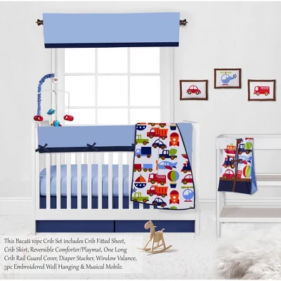 Bacati - Transportation Blue Navy Green Red Orange 10 Pc Crib Bedding Set With Long Rail Guard Cover 3 Bacati - Transportation Blue Navy Green Red Orange 10 Pc Crib Bedding Set With Long Rail Guard Cover - Image 3