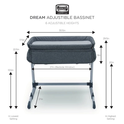 Simmons Kids' Dream Bedside Baby Bassinet Sleeper With Breathable Mesh And Adjustable Heights - Lightweight Portable Crib - Gray 6 Simmons Kids' Dream Bedside Baby Bassinet Sleeper With Breathable Mesh And Adjustable Heights - Lightweight Portable Crib - Gray - Image 6