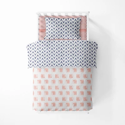 Bacati - Olivia Coral/Navy Buck/Feathers/Triangles Muslin 4 Pc Toddler Bedding Set 2 Bacati - Olivia Coral/Navy Buck/Feathers/Triangles Muslin 4 Pc Toddler Bedding Set - Image 2