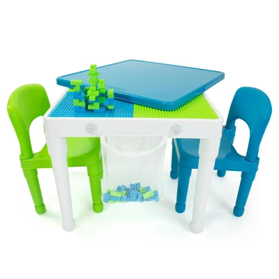 3pc Kids' 2 In 1 Square Activity Table With Chairs And 100pc Building Blocks White/Green/Blue - Humble Crew 1 3pc Kids' 2 In 1 Square Activity Table With Chairs And 100pc Building Blocks White/Green/Blue - Humble Crew