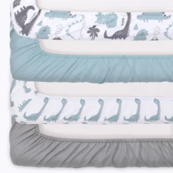 The Peanutshell Dino 4-Pack Crib Fitted Sheet Set In Blue/Grey/White