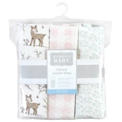 Hudson Baby Infant Girl Quilted Cotton Swaddle Wrap 3pk, Enchanted Forest, 0-3 Months