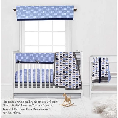 Bacati - Elephants Blue/Navy/Gray 6 Pc Crib Bedding Set With Long Rail Guard Cover 4 Bacati - Elephants Blue/Navy/Gray 6 Pc Crib Bedding Set With Long Rail Guard Cover - Image 4
