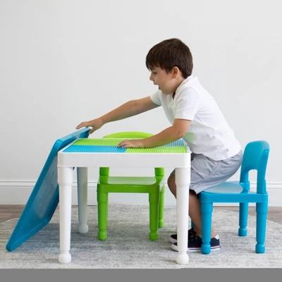 3pc Kids' 2 In 1 Square Activity Table With Chairs And 100pc Building Blocks White/Green/Blue - Humble Crew 7 3pc Kids' 2 In 1 Square Activity Table With Chairs And 100pc Building Blocks White/Green/Blue - Humble Crew - Image 7