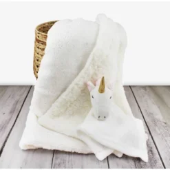 Lila And Jack White With Gold Metallic Fleece Kids' Throw With White Unicorn Lovey Set