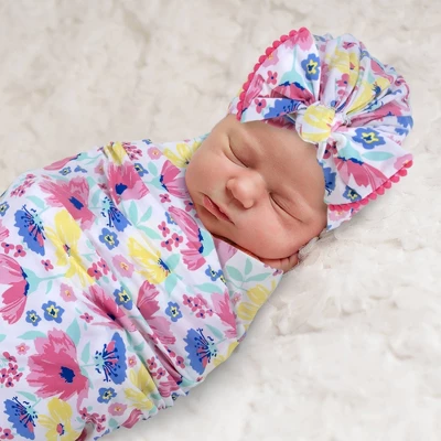 Baby Essentials Floral Swaddle Blanket And Turban Set 2 Baby Essentials Floral Swaddle Blanket And Turban Set - Image 2